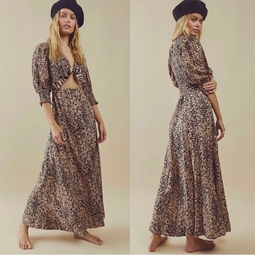 FREE PEOPLE PRINTED STRING OF HEARTS SMOCKED V-NECK BUTTON DOWN MAXI DRESS